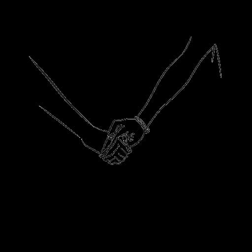 Line drawing of a young woman, representing Miriam Bryant, hand in hand with her partner Victor, all against a white backdrop.