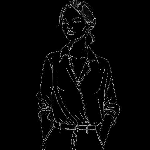 Line drawing of a young woman, representing Miriam Bryant, showcasing clothes, all against a white backdrop.