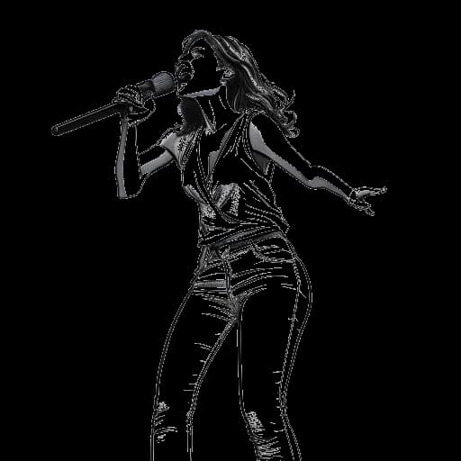 Line drawing of a young woman, representing Miriam Bryant, performing internationally, all on a white background.