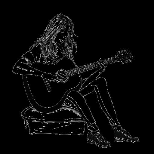 Line drawing of a young woman, representing Miriam Bryant, playing the guitar in a musical setting, all against a white backdrop.