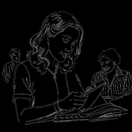 Line drawing of a young woman, representing Miriam Bryant, signing autographs, all on a white backdrop.