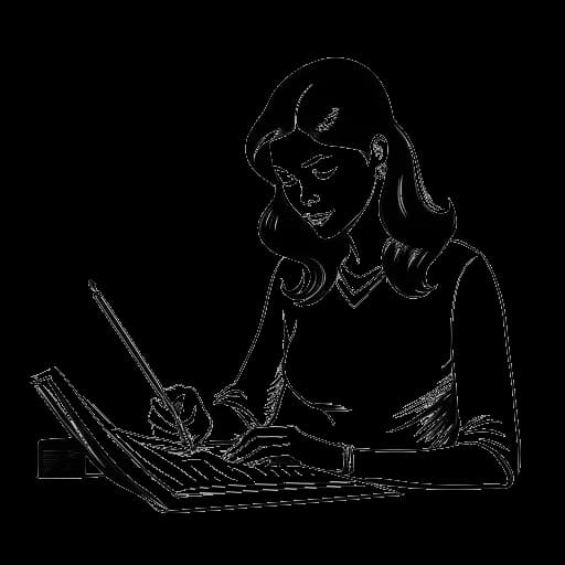 Line drawing of a young woman, representing Miriam Bryant, signing a record deal, all on a white background.