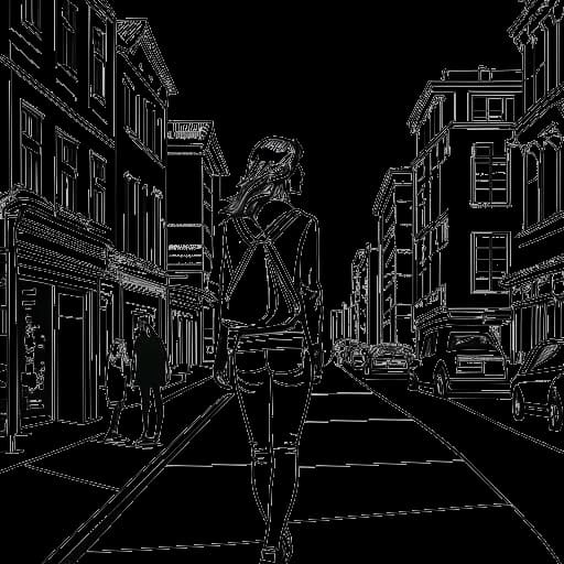 Line drawing of a young woman, representing Miriam Bryant, strolling in a city reminiscent of her hometown Göteborg, all on a white background.