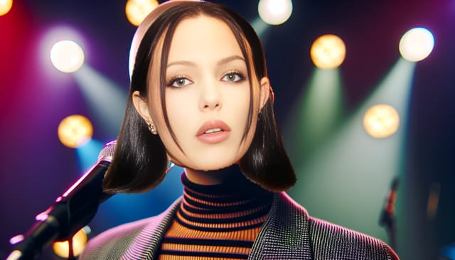 Miriam Bryant, a talented Swedish singer-songwriter, confidently stands on a colorful stage, captivating the audience with her captivating smile. The vibrant lights create a dynamic atmosphere as she looks straight into the camera, her fair/light skin radiating with energy and passion.