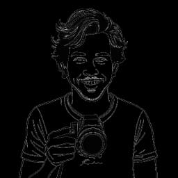 Line art drawing of David Dobrik co-founding the photo-sharing app Dispo, recreating the nostalgic experience of using disposable cameras.