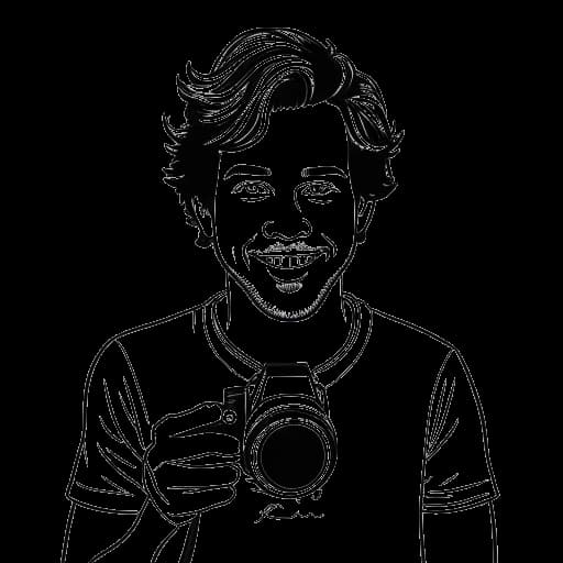 Line art drawing of David Dobrik co-founding the photo-sharing app Dispo, recreating the nostalgic experience of using disposable cameras.