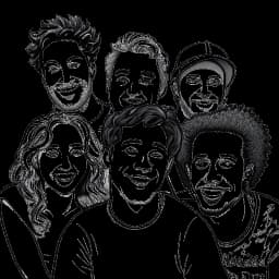 Line art drawing of David Dobrik collaborating with fellow YouTubers and former Viners, Liza Koshy, Gabbie Hanna, Jason Nash, and Zane & Heath. They are known for their pranks, adorable animals, and surprise celebrity appearances.