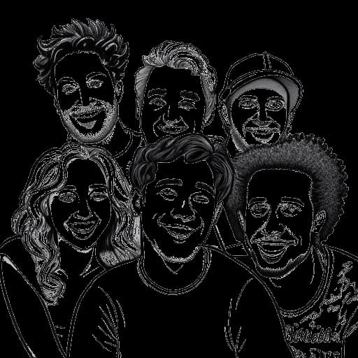 Line art drawing of David Dobrik collaborating with fellow YouTubers and former Viners, Liza Koshy, Gabbie Hanna, Jason Nash, and Zane & Heath. They are known for their pranks, adorable animals, and surprise celebrity appearances.