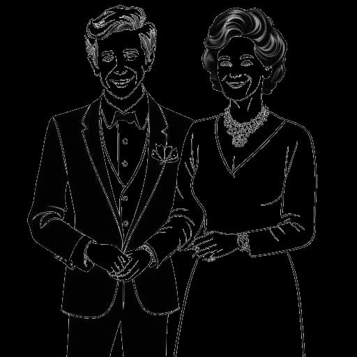 Dibujo de arte lineal de un joven, representando a David Dobrik, vistiendo un esmoquin y tomado de la mano de una mujer mayor.