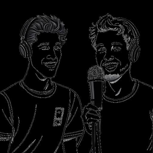 Dibujo de arte lineal de dos jóvenes, representando a David Dobrik y Jason Nash, sosteniendo micrófonos.
