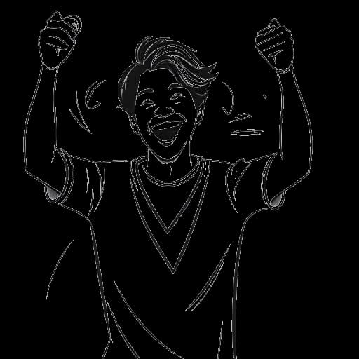 Dibujo de arte lineal de un joven, representando a David Dobrik, celebrando frente a un premio de botón de reproducción de YouTube.