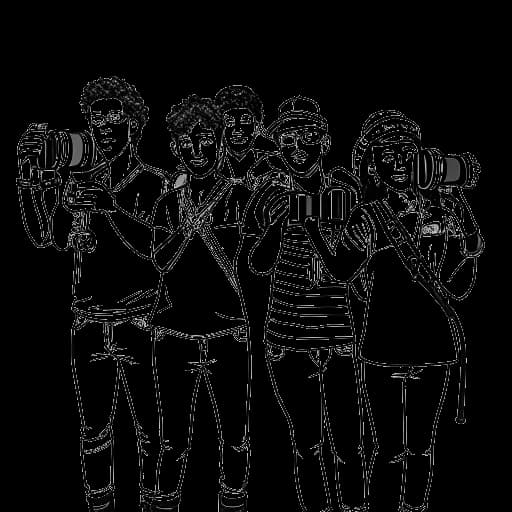 Dibujo de arte lineal de un grupo de amigos, representando al Vlog Squad, sosteniendo cámaras de video.