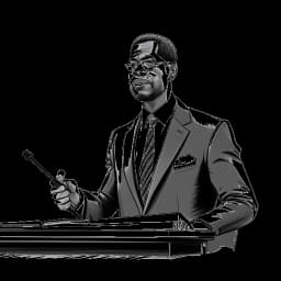 Disegno in stile lineare di Sterling K. Brown, nel ruolo di Christopher Darden, vestito con un completo da avvocato, che presenta con passione il suo caso alla giuria.