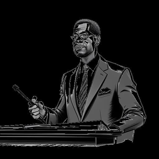 Disegno in stile lineare di Sterling K. Brown, nel ruolo di Christopher Darden, vestito con un completo da avvocato, che presenta con passione il suo caso alla giuria.