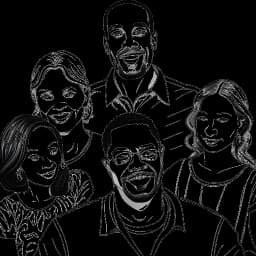 Disegno in stile lineare di Sterling K. Brown, nel ruolo di Randall Pearson, in un contesto familiare, circondato dai suoi cari, mostrando una varietà di emozioni.