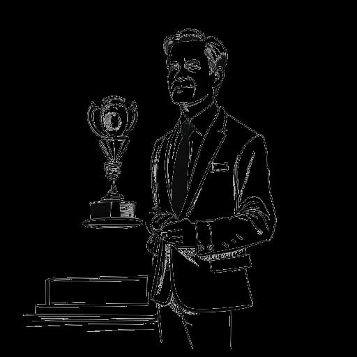 Lijntekening van een man, die Sterling K. Brown vertegenwoordigt, in een rechtbank, met een juridisch document vasthoudend, en een Emmy award op de achtergrond