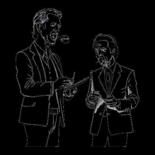 Lijntekening van een man, die Sterling K. Brown vertegenwoordigt, op het podium, met een script vasthoudend, en Al Pacino en Steve Buscemi op de achtergrond