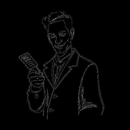 Lijntekening van een man, die Sterling K. Brown vertegenwoordigt, een gesigneerde kaart van David Blaine vasthoudend, met een toverstaf op de achtergrond