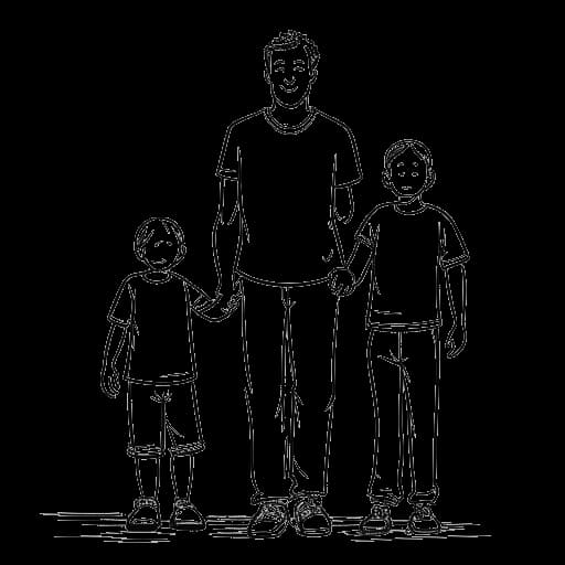 Lijntekening van een man, die Sterling K. Brown vertegenwoordigt, hand in hand met twee jongens, met een gezinsfoto op de achtergrond