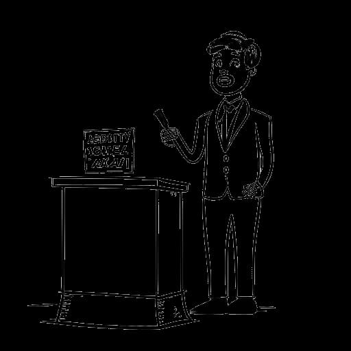 Lijntekening van een man, die Sterling K. Brown vertegenwoordigt, sprekend aan een spreekgestoelte, met de woorden 'representatie' en 'diversiteit' op de achtergrond