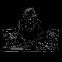 Line art drawing of a man representing GreekGodX with a mischievous smile, holding a video game controller and surrounded by computer monitors.