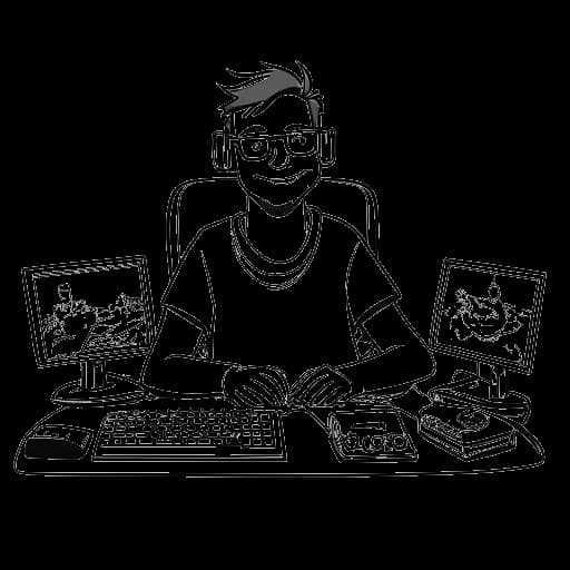 Line art drawing of a man representing GreekGodX with a mischievous smile, holding a video game controller and surrounded by computer monitors.