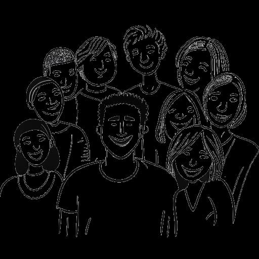 Line art drawing of a man representing GreekGodX surrounded by friends and loved ones, radiating positivity and support.