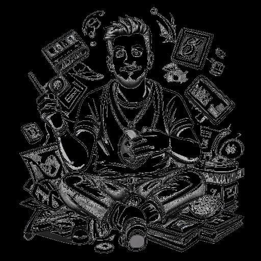 Um desenho em arte linear de um homem, representando GreekGodX, em uma pose engraçada. Ele segura um controle de jogo em uma mão e um maço de notas de dólar na outra. O fundo apresenta símbolos e ícones relacionados a streaming e jogos, tudo em um fundo branco.