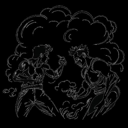 Desenho de arte linear de um homem representando o GreekGodX, lutando contra batalhas internas representadas por nuvens tempestuosas