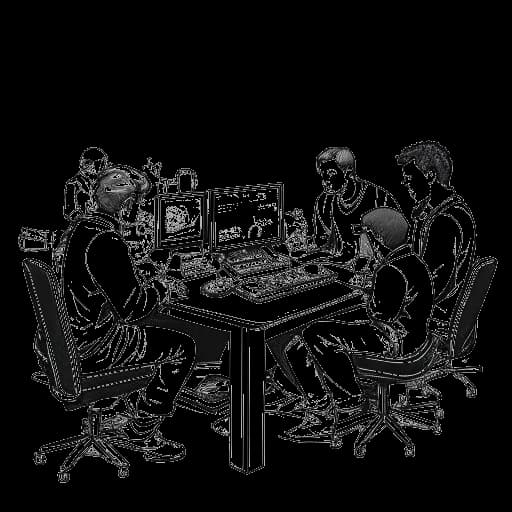 Desenho de arte linear de um grupo de homens representando o GreekGodX, Sodapoppin e outros, reunidos em torno de um setup de jogos