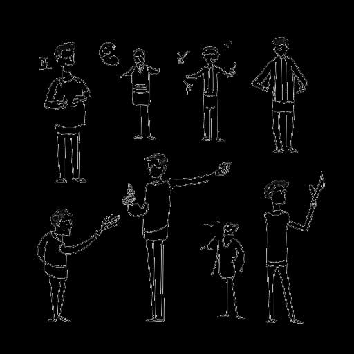Desenho de arte linear de um homem representando o GreekGodX, apontando para diversas atividades