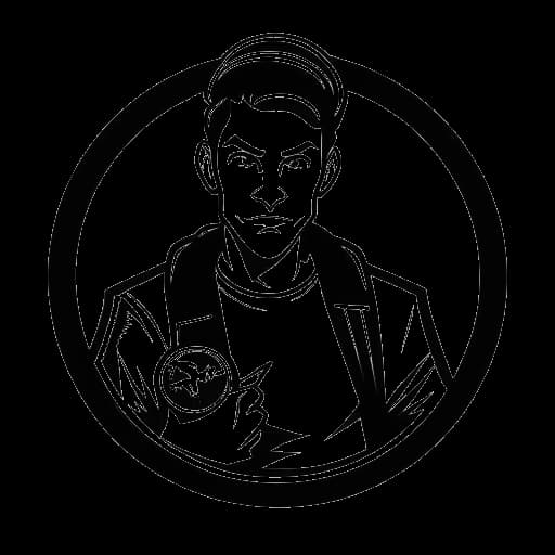 Desenho de arte linear de um homem representando o GreekGodX, segurando um logo da TSM