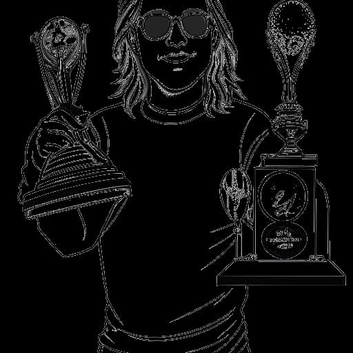 Dibujo de arte lineal de un hombre, representando a Zedd, sosteniendo dos trofeos con portadas de álbum de Lady Gaga y Skrillex visibles en el fondo.
