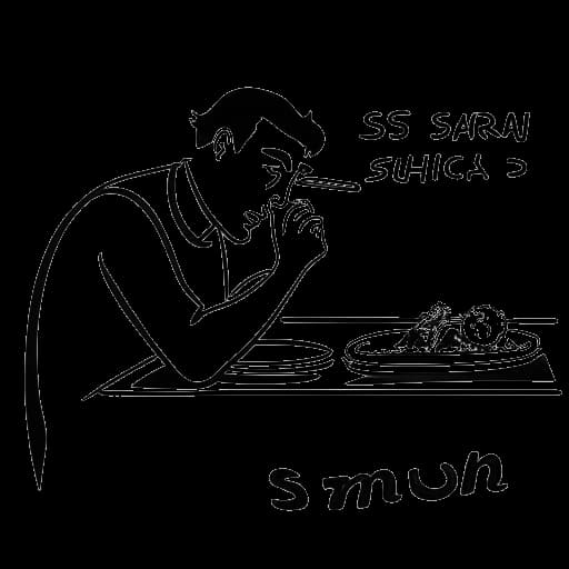 Dibujo de arte lineal de un hombre, representando a Zedd, comiendo sushi en un restaurante con el letrero de 'Sugarfish' visible en el fondo.