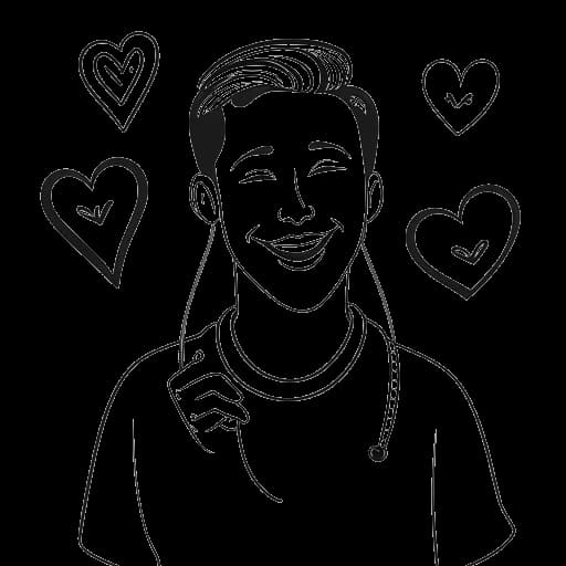 Dibujo de arte lineal de un hombre, representando a Zedd, sosteniendo una oreja y sonriendo. Un corazón y símbolos médicos son visibles en el fondo.