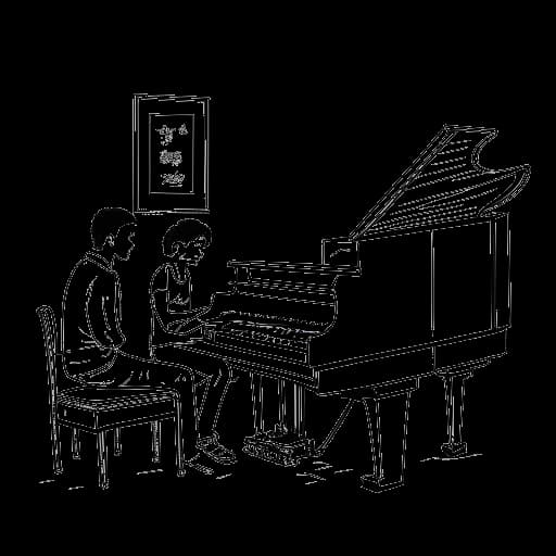 Dibujo de arte lineal de una familia con la madre tocando el piano, el padre tocando la guitarra, y un niño pequeño, representando a Zedd, mirándolos.