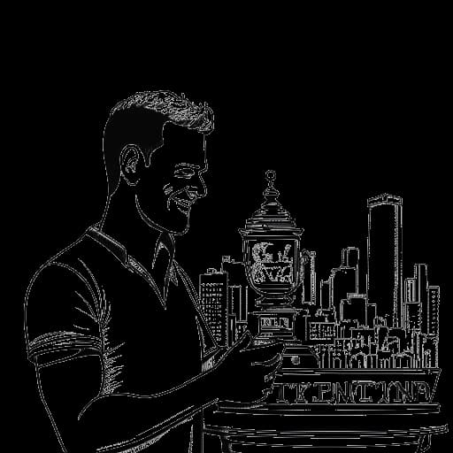 Dibujo de arte lineal de un hombre, representando a Zedd, sosteniendo un trofeo de póker y un cheque con el horizonte de Barcelona visible en el fondo.