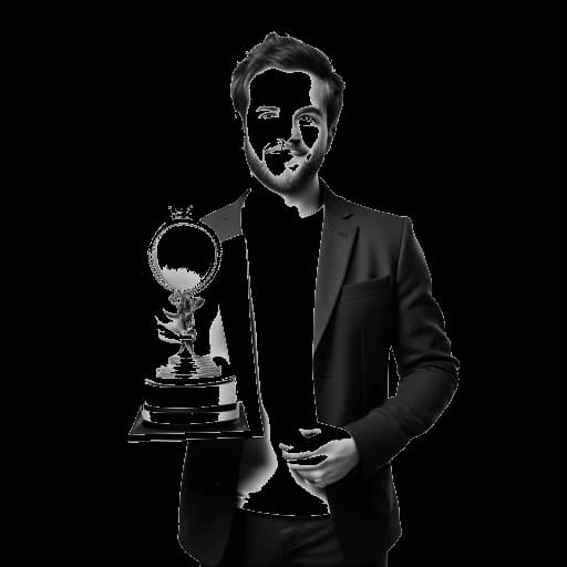 Dibujo de arte lineal de un hombre, representando a Zedd, sosteniendo una portada de sencillo etiquetada como 'Zedd, Maren Morris, Grey - The Middle'. Una tabla y un trofeo son visibles en el fondo.