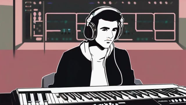 Zedd (Anton Zaslavski), sitting in a recording studio with headphones, passionately looking into the camera with keyboard equipment in the background.