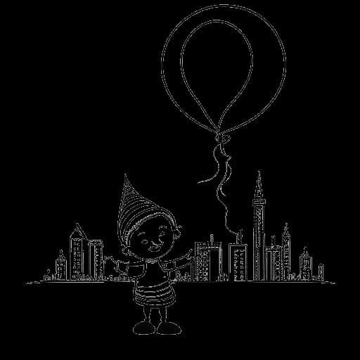 Strichzeichnung eines Babys, das Sascha darstellt und seinen Geburtstag mit einem Luftballon und der Stuttgarter Skyline im Hintergrund feiert.