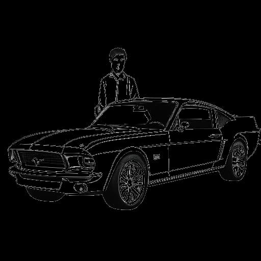 Strichzeichnung eines jungen Mannes, der Sascha darstellt, der neben einem blauen Ford Mustang steht und einen Autoschlüssel in der Hand hält.