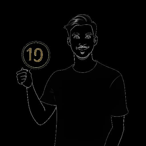 Strichzeichnung eines jungen Mannes, der Sascha darstellt, der einen goldenen Play-Button hält, mit '1.000.000' im Hintergrund.