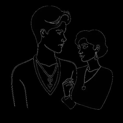 Strichzeichnung eines jungen Mannes, der Sascha darstellt, der ein herzförmiges Medaillon hält, mit der Silhouette einer Frau im Hintergrund.