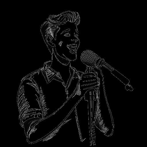 Strichzeichnung eines jungen Mannes, der Sascha darstellt, der ein Mikrofon hält, mit den Songtiteln 'TAUSEND', 'Heiligenschein', 'Weggefährten' und 'Angelcamp' im Hintergrund.