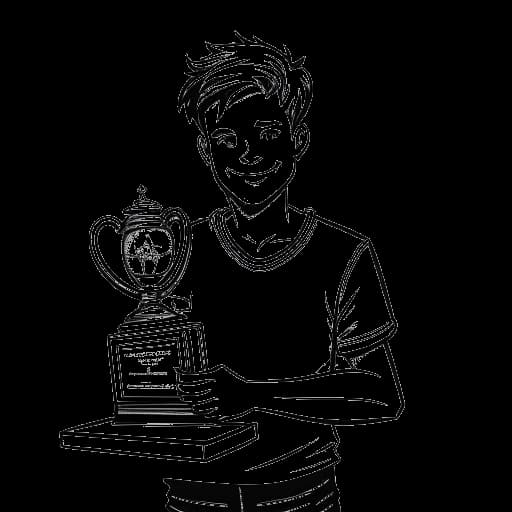 Strichzeichnung eines jungen Mannes, der Sascha darstellt, der einen Pokal hält, mit 'Angelcamp' und 'Horrorcamp' auf einem Twitch-Logo-Bildschirm im Hintergrund.