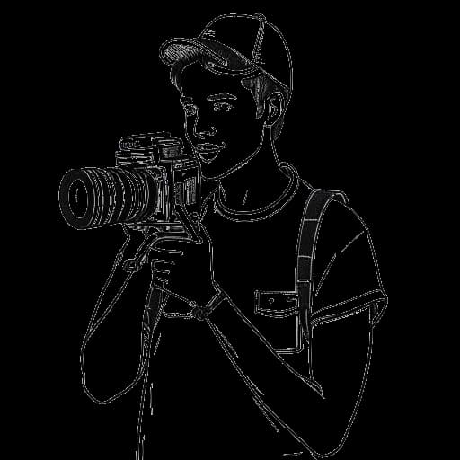 Strichzeichnung eines jungen Mannes, der Sascha darstellt, der eine Videokamera hält, mit Baustrahlern im Hintergrund.