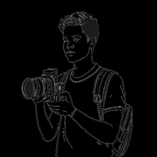 Strichzeichnung eines jungen Mannes, der Sascha darstellt, der vor einem Schulgebäude eine Videokamera hält.