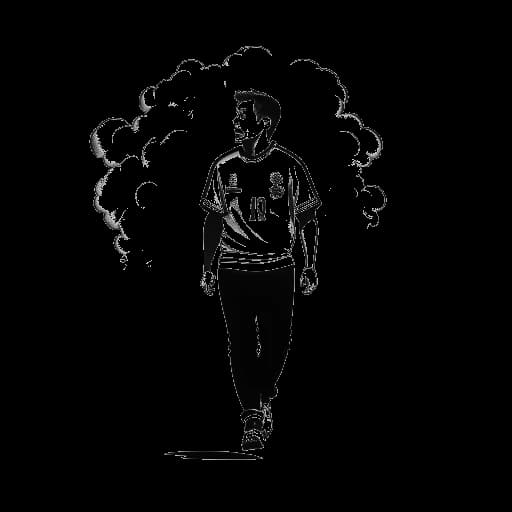 Strichzeichnung eines jungen Mannes, der Sascha darstellt, der eine Rauchwolke hinterlässt, mit einem Fußball und einem Polizeiabzeichen im Hintergrund.