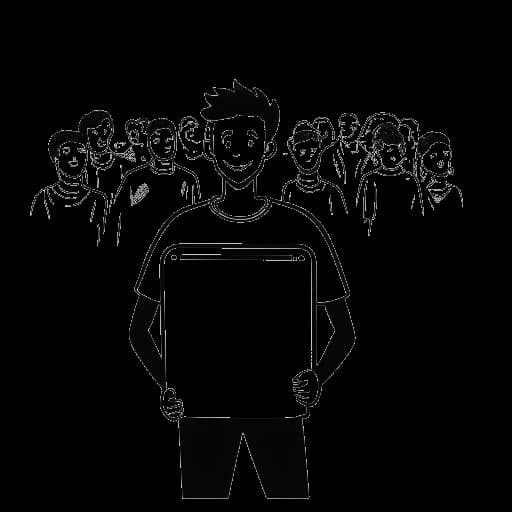 Strichzeichnung eines jungen Mannes, der Sascha darstellt, der einen Laptop mit einem YouTube-Play-Button auf dem Bildschirm hält, mit einer Menschenmenge im Hintergrund.