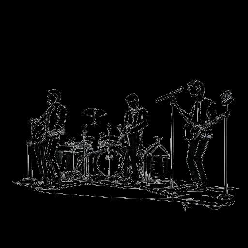 Strichzeichnung eines Mannes, der mit einer Band im Hintergrund auf einer Bühne auftritt und Andreas Bourani darstellt